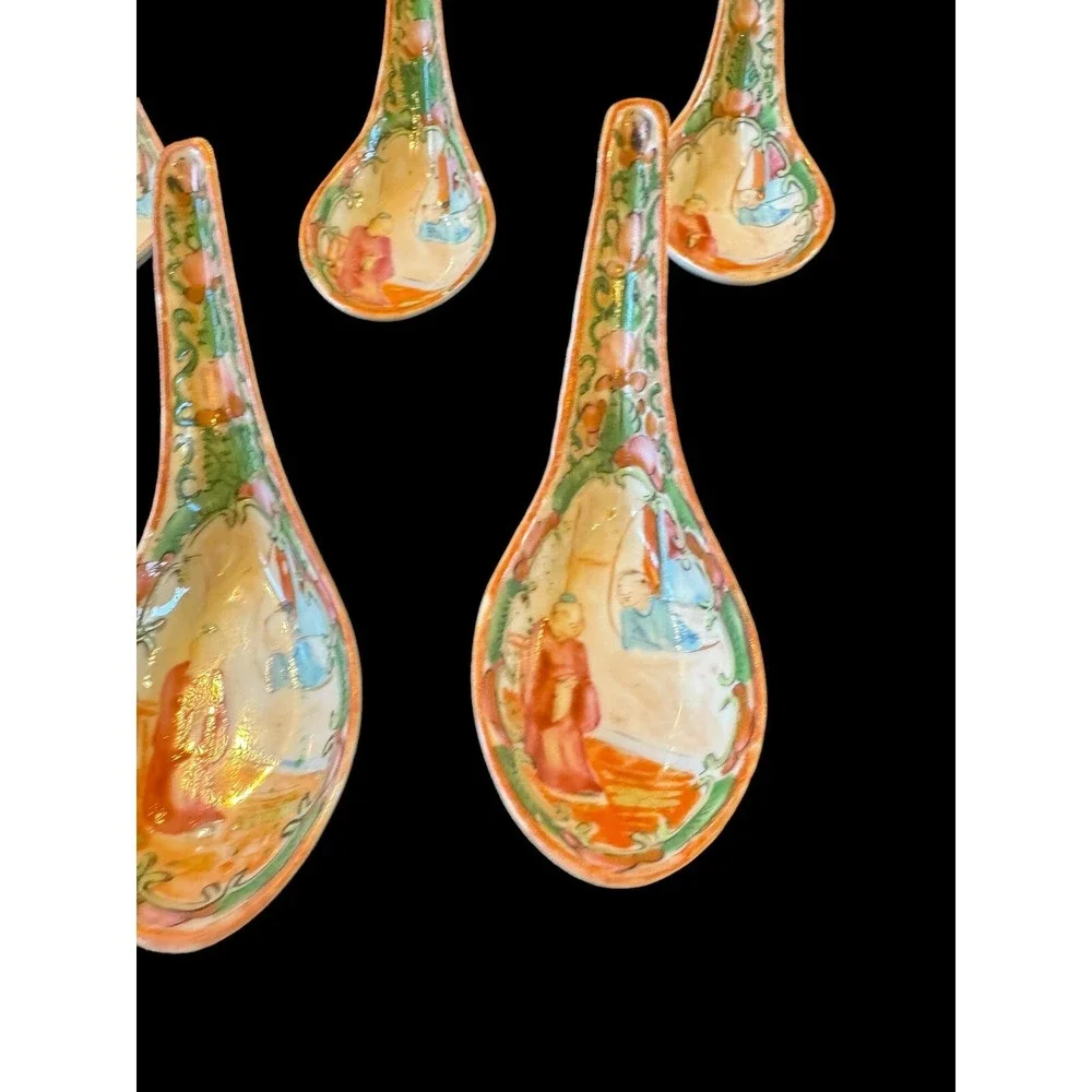 Antique Chinese Rose Medallion Hand Painted Porcelain Soup Spoons 1930's Lot 8!!